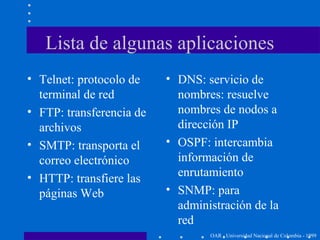 Lista de algunas aplicaciones
• Telnet: protocolo de
terminal de red
• FTP: transferencia de
archivos
• SMTP: transporta el
correo electrónico
• HTTP: transfiere las
páginas Web
• DNS: servicio de
nombres: resuelve
nombres de nodos a
dirección IP
• OSPF: intercambia
información de
enrutamiento
• SNMP: para
administración de la
red
OAR - Universidad Nacional de Colombia - 1999
 