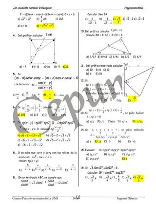 Lic. Rodolfo Carrillo Velasquez Trigonometría.
4
Centro Preuniversitario de la UNS S-08 Ingreso Directo
F = a(Senx - cosx) +b(Senx + cosx); 0 < a < b
a) 22
ba  b) ab
2
1
c) ba.
d) a + b e)  22
2 ba 
4. Del gráfico, calcular:
a) – 4 b) – 8 c)–16 d)- 9 e)32
5. Si:
0.cos)(.)(  coxyxnmsenysenxnm
; determinar:
)cos(
)cos(
yx
yx
M



a)
n
m b)
m
n
c)
n
m
 d)
m
n
 e) nm.
6. Si:
3
2
20








tg ; calcular:








5
tg
a) 1/5 b) 1/3 c) 3 d) 5 e) 6
7. Si:   º10º.2532º10º25)( tgtgtgtgyxtg 
Y





 

2
.0)(
yx
tgCalcularyxtg
a) 2326  b) 2326 
c) 2326  d) 2326 
e) 2326 
8. Si se sabe que: cotx y coty son las raíces de la
ecuación: ax2 + bx + c = 0
Hallar: tg(x + y)
A) B) C) D) E)
9. En un triángulo ABC, se cumple que:
SenC
SenB
SenA
.2 y CosC
CosB
CosA
.2
Calcular Sen 2A
a)
12
1

b)
12
1

c)
2
2 d) 12  e) 12 
10.Del gráfico calcular
Siendo AB = 1; AE = 3; EC = 2.
A) 3/37 B) 5/41 C) 3/41 D) 2/9 E) 3/7
11. Del gráfico mostrado calcular .
A) 10 B) 8 C) 12
D) 6 E) 15
12.Si:
tg(5+ 3)= 5 . . . (1)
tg(5– 3)= 2 . . . (2)
Calcular: k=tg(10)+Ctg(6)
A) B) C) D)3 E)
13.Si , se pide hallar:
A) 1/5 B)1/7 C)1/9 D) 1/11 E) 1/13
14.Si x + y + z = , se pide reducir:
TgyTgzTgzTgxTgyTgx
E
.
2
.
2
.
2

A) 1 B) 2 C) 6 D) E) ½
15.Evaluar: S= tg22º+tg23º+tg22º.tg23º
A) tg 22º B) tg 23º C) 2tg 22º
D) 2tg 23º E) 1
16.Si: kCosSen  º12º12.3 ,
Calcular: º27cosº27 senW
a)
k
2
2

b)
k
4
2

c)
5
k
 d)
k
6
2 e)
k
2
2
Tan

37º
A
B C
D
P
b
c a
a
b c
a
c b
c
a b
b
a c
Tg( )
Tg
7
9

25
9
3
11
26
9
   
1 1
tg y tg
3 4
      
 E tg   

 