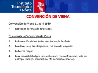 CONVENCIÓN DE VIENAConvención de Viena 11 abril 1980Ratificada por más de 40 Estados Qué regula la Convención de VienaLa formación del contrato: aceptación de la ofertaLos derechos y las obligaciones  básicos de las partesLa fuerza mayor La responsabilidad por incumplimiento (no conformidad, falta de entrega, impago,  incumplimiento condición esencial). 