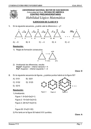 UNMSM-CENTRO PREUNIVERSITARIO Ciclo 2014-I
Semana Nº 8 Pág. 1
Figura 3Figura 1 Figura 2
UNIVERSIDAD NACIONAL MAYOR DE SAN MARCOS
Universidad del Perú, DECANA DE AMERICA
CENTRO PREUNIVERSITARIO
Habilidad Lógico Matemática
EJERCICIOS DE CLASE Nº 8
1. En la siguiente secuencia, ¿cuánto vale la diferencia z – y?
. . .
1º
3 5
10
12 14
26
24 22
46
48 50
z
x y
8
6 4
1
2º 3º 4º 5º 999º
A) – 6 B) 6 C) – 4 D) 4 E) –2
Resolución:
1) Regla de formación consecutiva:
a b
a+b
b+c a+c
c
2) Analizando las diferencias, resulta:
Imparº: Superior – Inferior derecho = 4
Parº: Superior – Inferior izquierdo = –4
Clave: D
2. En la siguiente secuencia de figuras, ¿cuántos puntos habrá en la figura 50?
A) 5151 B) 5251
C) 5152 D) 5125
E) 5215
Resolución:
1) Analizando:
Figura 1: 6=2x3=2x(2+1)
Figura 2: 15=3x5=3x(3+2)
Figura 3: 28=4x7=4x(4+3)
Figura 50: 51x(51+50)
2) Por tanto en la figura 50 habrá 5151 puntitos.
Clave: A
 
