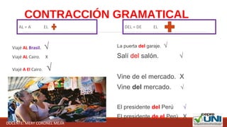 CONTRACCIÓN GRAMATICAL
AL = A EL DEL = DE EL
Viajé AL Brasil. √
Viajé AL Cairo. X
Viajé A El Cairo. √
La puerta del garaje. √
Salí del salón. √
Vine de el mercado. X
Vine del mercado. √
El presidente del Perú √
El presidente de el Perú X
DOCENTE: MERY CORONEL MEJÍA
 