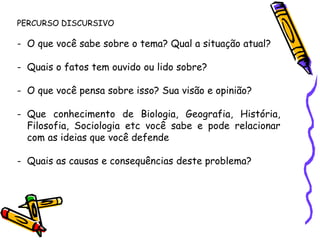 PERCURSO DISCURSIVO
- O que você sabe sobre o tema? Qual a situação atual?
- Quais o fatos tem ouvido ou lido sobre?
- O que você pensa sobre isso? Sua visão e opinião?
- Que conhecimento de Biologia, Geografia, História,
Filosofia, Sociologia etc você sabe e pode relacionar
com as ideias que você defende
- Quais as causas e consequências deste problema?
 