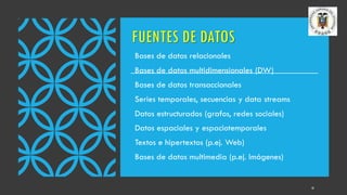 FUENTES DE DATOS
▪Bases de datos relacionales
▪Bases de datos multidimensionales (DW)
▪Bases de datos transaccionales
▪Series temporales, secuencias y data streams
▪Datos estructurados (grafos, redes sociales)
▪Datos espaciales y espaciotemporales
▪Textos e hipertextos (p.ej. Web)
▪Bases de datos multimedia (p.ej. Imágenes)
18
 