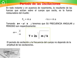 Periodo de las Oscilaciones Tomando  a= -    x  ;  tenemos que SU FRECUENCIA ANGULAR y PERIODO son respectivamente:  El periodo de oscilación y la frecuencia del cuerpo no depende de la amplitud de las oscilaciones. En todo instante y en ausencia de rozamiento, la resultante de las fuerzas que actúan sobre el cuerpo que oscila, es la fuerza restauradora del muelle: F m  = m a - k x = m a T = 2    m / k 