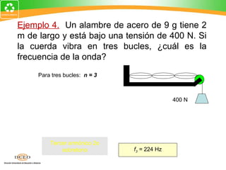 Ejemplo 4. Un alambre de acero de 9 g tiene 2
m de largo y está bajo una tensión de 400 N. Si
la cuerda vibra en tres bucles, ¿cuál es la
frecuencia de la onda?
     Para tres bucles: n = 3
           n      F
     fn =           ; n=3
          2L      µ                          400 N

         3       FL      3     (400 N)(2 m)
   f3 =             =
        2L       m    2(2 m)     0.009 kg
         Tercer armónico 2o
             sobretono         f3 = 224 Hz
 