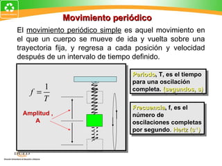 Movimiento periódico
El movimiento periódico simple es aquel movimiento en
el que un cuerpo se mueve de ida y vuelta sobre una
trayectoria fija, y regresa a cada posición y velocidad
después de un intervalo de tiempo definido.

                                 Periodo, T, es el tiempo
                                 Periodo T, es el tiempo
                                  Periodo,
                                  Periodo
                                 para una oscilación
                                  para una oscilación
       1                         completa. (segundos, s)
   f =                            completa. (segundos, s)
       T
                                 Frecuencia, f, es el
                                 Frecuencia f, es el
                                 Frecuencia,
                                  Frecuencia
 Amplitud ,                      número de
                                 número de
    A                            oscilaciones completas
                                 oscilaciones completas
                                 por segundo. Hertz (s-1))
                                 por segundo. Hertz (s-1
 