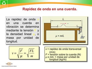 Rapidez de onda en una cuerda.

La rapidez de onda v
 La rapidez de onda v                    L
en una cuerda en
 en una cuerda en
vibración se determina
 vibración se determina
mediante la tensión F y
 mediante la tensión F y
la densidad lineal µ, o
 la densidad lineal µ, o           µ = m/L
masa por unidad de
 masa por unidad de
longitud.
 longitud.

                           vv= rapidez de onda transversal
                              = rapidez de onda transversal
         F      FL             (m/s)
   v=      =                    (m/s)
                           F = tensión sobre la cuerda (N)
         µ      m           F = tensión sobre la cuerda (N)
                           µ o m/L = masa por unidad de
                            µ o m/L = masa por unidad de
                               longitud (kg/m)
                                longitud (kg/m)
 