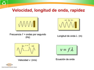 Velocidad, longitud de onda, rapidez

                                             λ




Frecuencia f = ondas por segundo
                                    Longitud de onda λ (m)
               (Hz)

                  s
             v=
                  t
                                      v= fλ

       Velocidad v (m/s)           Ecuación de onda
 