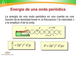 Energía de una onda periódica
La energía de una onda periódica en una cuerda es una
función de la densidad lineal m, la frecuencia f, la velocidad v
y la amplitud A de la onda.

                  f            A        µ = m/L


                                            v



     E
       = 2π f A µ
           2 2 2
                                   P = 2π 2 f 2 A2 µ v
     L
 