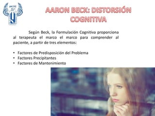 Según Beck, la Formulación Cognitiva proporciona
al terapeuta el marco el marco para comprender al
paciente, a partir de tres elementos:
• Factores de Predisposición del Problema
• Factores Precipitantes
• Factores de Mantenimiento
 