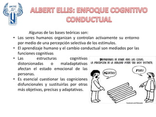 Algunas de las bases teóricas son:
• Los seres humanos organizan y controlan activamente su entorno
por medio de una percepción selectiva de los estímulos.
• El aprendizaje humano y el cambio conductual son mediados por las
funciones cognitivas
• Las estructuras cognitivas
distorsionadas o maladaptativas
afectan el estado emocional de las
personas.
• Es esencial cuestionar las cogniciones
disfuncionales y sustituirlas por otras
más objetivas, precisas y adaptativas.
 