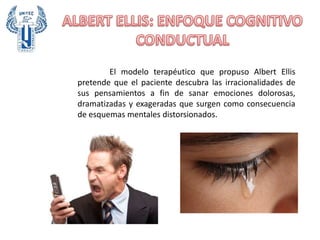 El modelo terapéutico que propuso Albert Ellis
pretende que el paciente descubra las irracionalidades de
sus pensamientos a fin de sanar emociones dolorosas,
dramatizadas y exageradas que surgen como consecuencia
de esquemas mentales distorsionados.
 