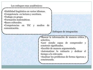 Los enfoques mas académicos:

•Habilidad lingüística en varios idiomas.
•Competencia en lectura y escritura.
•Trabajo en grupo.
•Formación matemáticas.
•Bases culturales.
•Competencias en TIC y medios de
comunicación.
                                            Enfoques de integración:

                                 •Buscar la información de manera critica y
                                 selectiva.
                                 •Leer siendo capaz de comprender y
                                 construir significados.
                                 •Escribir de manera argumentada.
                                 •Automatizar lo rutinario y dedicar el
                                 tiempo a lo relevante.
                                 •Analizar los problemas de forma rigurosa y
                                 concienzuda.
 