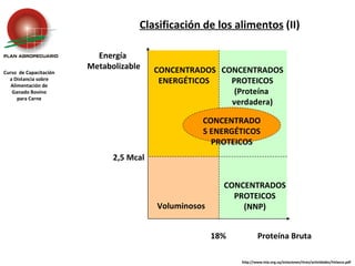 Curso  de Capacitación a Distancia sobre Alimentación de Ganado Bovino para Carne http://www.inia.org.uy/estaciones/ttres/actividades/Velazco.pdf   Energía  Metabolizable Proteína Bruta 2,5 Mcal 18% CONCENTRADOS PROTEICOS (Proteína  verdadera) Voluminosos CONCENTRADOS ENERGÉTICOS  Clasificación de los alimentos  (II) CONCENTRADOS ENERGÉTICOS PROTEICOS CONCENTRADOS PROTEICOS (NNP) 