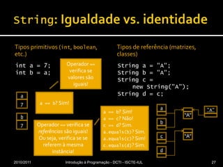 String: Igualdade vs. identidadeTipos primitivos (int, boolean, etc.)int a = 7;int b = a;Tipos de referência (matrizes, classes)Stringa = "A";Stringb = "A";Stringc =newString("A");String d = c;2010/2011Introdução à Programação - DCTI - ISCTE-IUL27Operador == verifica se valores são iguais!aab"A"cd7ba == b? Sim!7a == b? Sim!a== c? Não!c == d? Sim.a.equals(b)? Sim.a.equals(c)? Sim!c.equals(d)? Sim.“A”“A”Operador == verifica se referências são iguais! Ou seja, verifica se se referem à mesma instância!