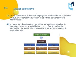  Los 49 procesos de la dirección de proyectos identificados en la Guía del
PMBOK ® se agrupan a su vez en diez Áreas de Conocimiento
diferenciadas.
 Un Área de Conocimiento representa un conjunto completo de
conceptos, términos y actividades que conforman un ámbito
profesional, un ámbito de la dirección de proyectos o un área de
especialización.
 
