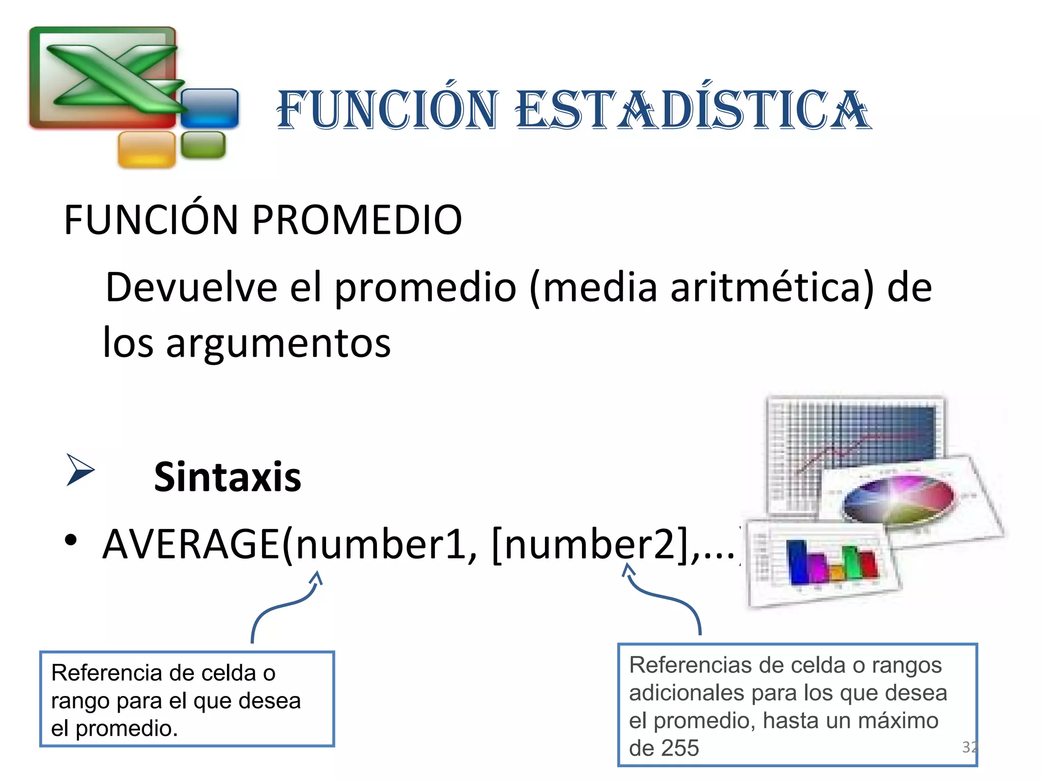 FUNCIÓN eSTAdíSTICA 
FUNCIÓN PROMEDIO 
Devuelve el promedio (media aritmética) de 
los argumentos 
 Sintaxis 
• AVERAGE(number1, [number2],...) 
Referencia de celda o 
rango para el que desea 
el promedio. 
Referencias de celda o rangos 
adicionales para los que desea 
el promedio, hasta un máximo 
de 255 32 
 