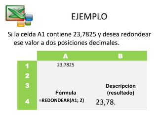 EJEMPLO 
Si la celda A1 contiene 23,7825 y desea redondear 
ese valor a dos posiciones decimales. 
A B 
1 23,7825 
2 
3 
Fórmula 
Descripción 
(resultado) 
4 =REDONDEAR(A1; 2) 23,78. 
 