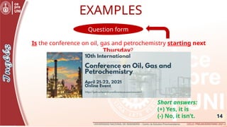 14
EXAMPLES
Is the conference on oil, gas and petrochemistry starting next
Thursday?
Question form
Short answers:
(+) Yes, it is
(-) No, it isn’t.
 