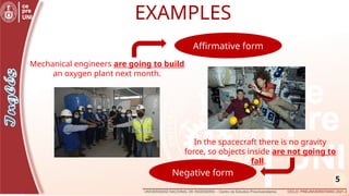 5
EXAMPLES
In the spacecraft there is no gravity
force, so objects inside are not going to
fall.
Mechanical engineers are going to build
an oxygen plant next month.
Affirmative form
Negative form
 