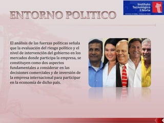ENTORNO POLITICO El análisis de las fuerzas políticas señala que la evaluación del riesgo político y el nivel de intervención del gobierno en los mercados donde participa la empresa, se constituyen como dos aspectos fundamentales a considerar en las decisiones comerciales y de inversión de la empresa internacional para participar en la economía de dicho país. 