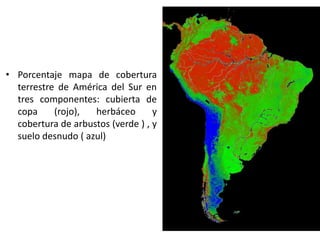 • Porcentaje mapa de cobertura
terrestre de América del Sur en
tres componentes: cubierta de
copa (rojo), herbáceo y
cobertura de arbustos (verde ) , y
suelo desnudo ( azul)
 