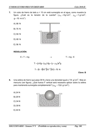 UNMSM-CENTRO PREUNIVERSITARIO Ciclo 2010-II
SOLUCIONARIO – Semana Nº 9 (Prohibida su reproducción y venta) Pág. 100
7. Un cubo de hierro de lado a = 10 cm está sumergido en el agua, como muestra la
figura. ¿Cuál es la tensión de la cuerda? ( 3
Fe cm/g8 , 3
ag cm/g1 ,
2
s/m10g  )
A) N68
B) N70
C) N64
D) N60
E) N56
RESOLUCIÓN:
mgTE   EmgT 
      gagVgVT 3
AA 
     N7010101018T 33
 
Clave: B
8. Una esfera de hierro que pesa 39 N y tiene una densidad igual a 3
cm/g8,7 , flota en
mercurio (ver figura). ¿Qué fuerza F vertical será necesaria aplicar sobre la esfera
para mantenerla sumergida completamente? ( 3
Hg cm/g6,13 ).
A) 24 N
B) 29 N
C) 34 N
D) 39 N
E) 44 N
 