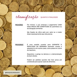provisórios
@RAQUELROSAADV
QUANTO À FINALIDADE
provisionais
Por liminar, o juiz antecipa o pagamento CASO
HAJA PROVA PRÉ CONSTITUÍDA do parentesco ou
da obrigação alimentar.
São fixados de ofício pelo juiz, salvo se o credor
disser expressamente que não precisa.
É uma medida cautelar para GARANTIR O
RESULTADO DA DEMANDA (exemplo: arresto e
sequestro) e em outros casos, como posse em nome
do nascituro.
Requisitos: o perigo na demora e a demonstração
do bom direito.
Podem ser pedidos quando não tiver prova pré
constituída para ajuizar ação de alimentos.
classificação
 