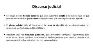 Discurso judicial
 Se ocupa de los hechos pasados que una audiencia acepta si considera que lo que
presenta el orador es justo o rechaza si considera que lo que presenta es injusto.
 El plano judicial sitúa el discurso en la toma de decisión de los destinatarios con
respecto a los hechos pasados relatados.
 Destacan aquí los discursos judiciales, que pretenden configurar argumentos para
explicar las causas que han provocado los hechos pasados para que los destinatarios
puedan decidir sobre estos hechos con sus veredictos.
 