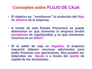 Conceptos sobre FLUJO DE CAJA
• El objetivo es: “monitorear” la evolución del flujo
de efectivo de la empresa.
• A través de este Estado Financiero se puede
determinar en qué momento la empresa tendrá
excedentes de caja(liquidez) y en qué momentos
incurrirá en un déficit.
• Si el saldo de caja es negativo, la empresa
requerirá obtener recursos adicionales para
poder financiar sus operaciones. Que pueden ser
obtenidos vía deuda o a través del aporte de
capital de los accionistas.
 