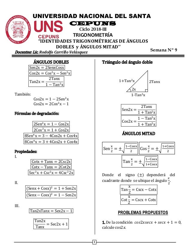 Semana 9 Identidades Trigonometricas De Angulos Dobles X
