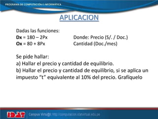 APLICACIÓN
Dadas las funciones:
Dx = 180 – 2Px Donde: Precio (S/. / Doc.)
Ox = 80 + 8Px Cantidad (Doc./mes)
Se pide hallar:
a) Hallar el precio y cantidad de equilibrio.
b) Hallar el precio y cantidad de equilibrio, si se aplica un
impuesto “t” equivalente al 10% del precio. Grafíquelo
 