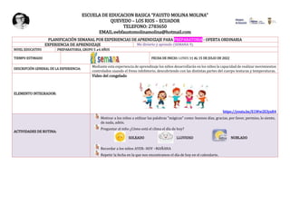 ESCUELA DE EDUCACION BASICA “FAUSTO MOLINA MOLINA”
QUEVEDO – LOS RIOS – ECUADOR
TELEFONO: 2783650
EMAIL:eebfaustomolinamolina@hotmail.com
PLANIFICACIÓN SEMANAL POR EXPERIENCIAS DE APRENDIZAJE PARA PREPARATORIA - OFERTA ORDINARIA
EXPERIENCIA DE APRENDIZAJE Me divierto y aprendo (SEMANA 9).
NIVEL EDUCATIVO PREPARATORIA, GRUPO 5 a 6 AÑOS
TIEMPO ESTIMADO FECHA DE INICIO: LUNES 11 AL 15 DE JULIO DE 2022
DESCRIPCIÓN GENERAL DE LA EXPERIENCIA:
Mediante esta experiencia de aprendizaje los niños desarrollarán en los niños la capacidad de realizar movimientos
controlados usando el freno inhibitorio, descubriendo con las distintas partes del cuerpo texturas y temperaturas.
ELEMENTO INTEGRADOR:
Video del congelado
https://youtu.be/E1Ww2E3yxR4
ACTIVIDADES DE RUTINA:
Motivar a los niños a utilizar las palabras "mágicas" como: buenos días, gracias, por favor, permiso, lo siento,
de nada, adiós.
Preguntar al niño ¿Cómo está el clima el día de hoy?
SOLEADO LLUVIOSO NUBLADO
Recordar a los niños AYER- HOY –MAÑANA
Repetir la fecha en la que nos encontramos el día de hoy en el calendario.
 