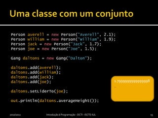 Uma classe com um conjuntoPerson averell = new Person("Averell", 2.1);Person william = new Person("William", 1.9);Person jack = new Person("Jack", 1.7);Person joe = new Person("Joe", 1.5);Gang daltons = new Gang("Dalton");daltons.add(averell);daltons.add(william);daltons.add(jack);daltons.add(joe);daltons.setLiderTo(joe);out.println(daltons.averageHeight());2010/2011Introdução à Programação - DCTI - ISCTE-IUL15_1.7999999999999998_
