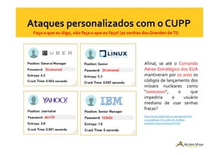 Faça o que eu digo, não faça o que eu faço! (as senhas dos Grandes deTI)
Afinal, se até o Comando
Aéreo Estratégico dos EUA
mantiveram por 20 anos os
códigos de lançamento doscódigos de lançamento dos
mísseis nucleares como
“00000000”, o que
impediria o usuário
mediano de usar senhas
fracas?
http://www.dailymail.co.uk/news/article-
2515598/Launch-code-US-nuclear-
weapons-easy-00000000.html
 