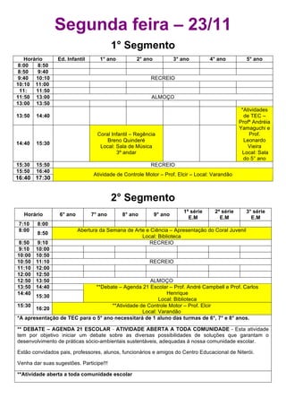 Segunda feira – 23/11
                                         1° Segmento
   Horário       Ed. Infantil      1° ano         2° ano            3° ano        4° ano         5° ano
 8:00   8:50
 8:50   9:40
 9:40 10:10                                              RECREIO
10:10 11:00
 11:   11:50
11:50 13:00                                              ALMOÇO
13:00 13:50
                                                                                               *Atividades
13:50   14:40                                                                                   de TEC –
                                                                                              Profª Andréia
                                                                                              Yamaguchi e
                                  Coral Infantil – Regência                                       Prof.
                                      Breno Quinderé                                            Leonardo
14:40   15:30
                                   Local: Sala de Música                                         Vieira
                                          3º andar                                             Local: Sala
                                                                                                do 5° ano
15:30   15:50                                            RECREIO
15:50   16:40
16:4    17:3                    Atividade de Controle Motor – Prof. Elcir – Local: Varandão
 0       0


                                         2° Segmento
                                                                       1ª série    2ª série      3° série
  Horário        6° ano         7° ano      8° ano         9° ano
                                                                         E.M         E.M           E.M
7:10    8:00
8:00                      Abertura da Semana de Arte e Ciência – Apresentação do Coral Juvenil
        8:50
                                                   Local: Biblioteca
 8:50    9:10                                         RECREIO
 9:10   10:00
10:00   10:50
10:50   11:10                                           RECREIO
11:10   12:00
12:00   12:50
12:50   13:50                                       ALMOÇO
13:50   14:40                 **Debate – Agenda 21 Escolar – Prof. André Campbell e Prof. Carlos
14:40                                                      Henrique
       15:30
                                                        Local: Biblioteca
15:30                               **Atividade de Controle Motor – Prof. Elcir
       16:20
                                                 Local: Varandão
*A apresentação de TEC para o 5° ano necessitará de 1 aluno das turmas de 6°, 7° e 8° anos.

** DEBATE – AGENDA 21 ESCOLAR - ATIVIDADE ABERTA A TODA COMUNIDADE - Esta atividade
tem por objetivo iniciar um debate sobre as diversas possibilidades de soluções que garantam o
desenvolvimento de práticas sócio-ambientais sustentáveis, adequadas à nossa comunidade escolar.

Estão convidados pais, professores, alunos, funcionários e amigos do Centro Educacional de Niterói.

Venha dar suas sugestões. Participe!!!

**Atividade aberta a toda comunidade escolar
 