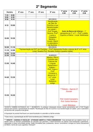 2° Segmento
                                                                                            1ª série     2ª série     3° série
   Horário           6° ano          7° ano          8° ano             9° ano
                                                                                              E.M          E.M          E.M
7:10      8:00
8:00      8:50
8:50      9:10                                                       RECREIO
                                                                   *Reutilização
                                                                     de Óleo de
          10:0                                                       Cozinha e
9:10
           0                                                            sua
                                                                   transformaçã
                                                                   o em sabão –
                                                                                             Auto da Barca do Inferno – 1°
                                                                   Profª Ângela
                                                                                           apresenta ao 2° e 3° – Profª Lubélia,
                                                                   Simone, Profª
                                                                                           Copinho e Elaine – Local: Multimeios
                                                                      Luana e
          10:5                                                       Estagiária
10:00
           0                                                         Mariana –
                                                                   Locais: Stand
                                                                   e Laboratório
                                                                    de Química
          11:1
10:50                                                                 RECREIO
           0
          12:0        **Apresentação de EGT em Paródias – Profª Alessandra Durão e alunos de 8° e 9° anos
11:10
           0                          Local: Quadra Prof. Ronaldo Goldoni (quadra média)
          12:5
12:00
           0
          13:5
12:50                                                                 ALMOÇO
           0
                                                                    Música, Arte
                                                                     e Culinária
                                                                    das Culturas
          14:4                                                       de Línguas
13:50
           0                                                        Espanhola e
                                                                      Inglesa –
                                                                    Prof. Cidar e
                                                                        Profª
                                                                     Christine e
                                                                    alunos do 1°
          15:3                                                       e 2° anos.
14:40
           0                                                            Local:
                                                                      Refeitório
                                                                        antigo


                                                                                           ***Debate – Agenda 21
                                                                                                  Escolar
          16:2
15:30
           0
                                                                                           Prof. André Campbell e
                                                                                            Prof. Carlos Henrique

                                                                                              Local: Biblioteca
*EVENTO TAMBÉM EXTENSIVO AO 1° SEGMENTO. O professor interessado deverá marcar previamente com a Profª Ângela
Simone para assistir a apresentação do trabalho “Reutilização de Óleo de Cozinha e sua transformação em sabão”, pois o Laboratório
de Química não comporta muita gente.

A Exposição do produto final ficará num stand localizado no varandão ou hall de entrada.

**Caso chova, a apresentação de EGT será transferida para o Refeitório antigo.
 