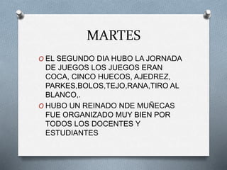 MARTES 
O EL SEGUNDO DIA HUBO LA JORNADA 
DE JUEGOS LOS JUEGOS ERAN 
COCA, CINCO HUECOS, AJEDREZ, 
PARKES,BOLOS,TEJO,RANA,TIRO AL 
BLANCO,. 
O HUBO UN REINADO NDE MUÑECAS 
FUE ORGANIZADO MUY BIEN POR 
TODOS LOS DOCENTES Y 
ESTUDIANTES 
 
