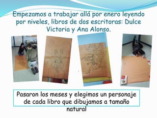 Empezamos a trabajar allá por enero leyendo
por niveles, libros de dos escritoras: Dulce
Victoria y Ana Alonso.
Pasaron los meses y elegimos un personaje
de cada libro que dibujamos a tamaño
natural
 