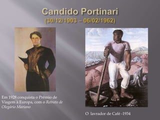 Em 1928 conquista o Prêmio de
Viagem à Europa, com o Retrato de
Olegário Mariano
O lavrador de Café -1934
 