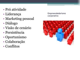 • Pró atividade
• Liderança           Empreendedorismo
                      corporativo
• Marketing pessoal
• Diálogo
• Visão de cenário
• Persistência
• Oportunismo
• Colaboração
• Conflitos
 