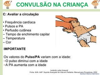 Ivanilson Ribeiro-Enfermeiro
CONVULSÃO NA CRIANÇA
C: Avaliar a circulação
• Frequência cardíaca
• Pulsos e PA
• Perfusão cutânea
– Tempo de enchimento capilar
– Temperatura
– Cor
Lactente: pulso braquial
Fonte: AHA. AAP. Suporte Avançado de Vida em Pediatria. Manual para Provedores, 2002
IMPORTANTE
Os valores do Pulso/PA variam com a idade:
–O pulso diminui com a idade
–A PA aumenta com a idade
 