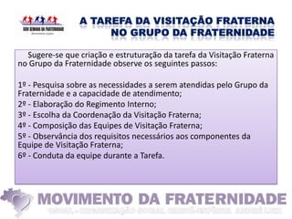 Sugere-se que criação e estruturação da tarefa da Visitação Fraterna
no Grupo da Fraternidade observe os seguintes passos:

1º - Pesquisa sobre as necessidades a serem atendidas pelo Grupo da
Fraternidade e a capacidade de atendimento;
2º - Elaboração do Regimento Interno;
3º - Escolha da Coordenação da Visitação Fraterna;
4º - Composição das Equipes de Visitação Fraterna;
5º - Observância dos requisitos necessários aos componentes da
Equipe de Visitação Fraterna;
6º - Conduta da equipe durante a Tarefa.
 