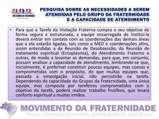 • Para que a Tarefa da Visitação Fraterna cumpra o seu objetivo de
  forma segura e estruturada, a equipe encarregada de instituí-la
  deverá entrar em contato com as coordenações das demais áreas
  que a ela estarão ligadas, tais como a MED e coordenações afins,
  assim entendidas a da Reunião de Desobsessão, da Reunião de
  tratamento espiritual (Ectoplasmia), do Atendimento Fraterno e
  outras, de modo a levantar as demandas, para que, em conjunto,
  possam analisar a capacidade de atendimento, lembrando-se que,
  inicialmente, é preferível constituir poucas equipes, mas coesas e
  comprometidas com o propósito, do que muitas equipes que,
  passada a empolgação inicial, não persistirão na tarefa.
  Dependendo da capacidade do Grupos da Fraternidade, uma única
  equipe, mas composta por tarefeiros comprometidos com o
  objetivo da tarefa, poderá realizar trabalho frutífero, que levará
  conforto espiritual a muitos irmãos.
 