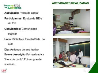 ACTIVIDADES REALIZADAS


Actividade: “Hora do conto”

Participantes: Equipa da BE e
   do PNL

Convidados: Comunidade
   escolar

Local:Biblioteca Escolar/Sala de
   aula

Dia: Ao longo do ano lectivo
Breve descrição:Foi realizada a
“Hora do conto”.Foi um grande
sucesso.
 