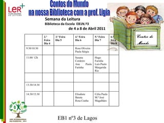 Semana da Leitura   Biblioteca da Escola  EB1N.º3  de 4 a 8 de Abril 2011 Contos do Mundo Contos do Mundo na nossa Biblioteca com a prof. Ligia Célia Paula  M.ª José Magalhães Elisabete Barata  Rosa Cunha 14:30/15:30 13:30/14:30 Hugo Farinha Luís Paulo Margarida Rio Susana Cordeiro Ana Paula Farinha 11.00/ 12h Rosa Oliveira Paula Sérgia 9:30/10:30 6.ª feira Dia 8 5.º Feira Dia 7 4.º Feira Dia 6 3.º Feira Dia 5 2.º Feira Dia 4 