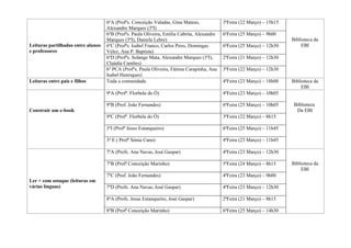 6ºA (Profªs. Conceição Valadas, Gina Mateus,             3ªFeira (22 Março) – 15h15
                                    Alexandre Marques (3ºI)
                                    6ºB (Profªs. Paula Oliveira, Emília Cabrita, Alexandre   6ªFeira (25 Março) – 9h00
                                    Marques (3ºI), Daniela Lebre)                                                         Biblioteca da
Leituras partilhadas entre alunos   6ºC (Profªs. Isabel Franco, Carlos Pires, Domingas       6ªFeira (25 Março) – 12h30       EBI
e professores                       Velez, Ana P. Baptista)
                                    6ºD (Profªs. Solange Mata, Alexandre Marques (3ºI),      2ªFeira (21 Março) – 12h30
                                    Claúdia Camões)
                                    6º PCA (Profºs. Paula Oliveira, Fátima Carapinha, Ana    3ªFeira (22 Março) – 12h30
                                    Isabel Henriques)
Leituras entre pais e filhos        Toda a comunidade                                        4ªFeira (23 Março) – 18h00   Biblioteca da
                                                                                                                              EBI
                                    9ºA (Profª. Florbela do Ó)                               4ªFeira (23 Março) – 10h05

                                    9ºB (Prof. João Fernandes)                               6ªFeira (25 Março) – 10h05    Biblioteca
Construir um e-book                                                                                                         Da EBI
                                    9ºC (Profª. Florbela do Ó)                               3ªFeira (22 Março) – 8h15

                                    3ºI (Profª Jesus Estanqueiro)                            6ªFeira (25 Março) – 11h45

                                    3º E ( Profª Sónia Cano)                                 4ªFeira (23 Março) – 11h45

                                    7ºA (Profs. Ana Navas, José Gaspar)                      4ªFeira (23 Março) – 12h30

                                    7ºB (Profª Conceição Marinho)                            5ªFeira (24 Março) – 8h15    Biblioteca da
                                                                                                                              EBI
                                    7ºC (Prof. João Fernandes)                               4ªFeira (23 Março) – 9h00
Ler + com sotaque (leituras em
várias línguas)                     7ºD (Profs. Ana Navas, José Gaspar)                      4ªFeira (23 Março) – 12h30

                                    8ºA (Profs. Jesus Estanqueiro, José Gaspar)              2ªFeira (21 Março) – 8h15

                                    8ºB (Profª Conceição Marinho)                            6ªFeira (25 Março) – 14h30
 