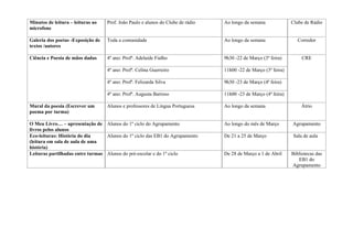 Minutos de leitura – leituras ao   Prof. João Paulo e alunos do Clube de rádio   Ao longo da semana              Clube de Rádio
microfone

Galeria dos poetas -Exposição de   Toda a comunidade                             Ao longo da semana                 Corredor
textos /autores

Ciência e Poesia de mãos dadas     4º ano: Profª. Adelaide Fialho                9h30 -22 de Março (3º feira)         CRE

                                   4º ano: Profª. Celina Guerreiro               11h00 -22 de Março (3º feira)

                                   4º ano: Profª. Felizarda Silva                9h30 -23 de Março (4ª feira)

                                   4º ano: Profª. Augusta Barroso                11h00 -23 de Março (4ª feira)

Mural da poesia (Escrever um       Alunos e professores de Língua Portuguesa     Ao longo da semana                  Átrio
poema por turma)

O Meu Livro… – apresentação de Alunos do 1º ciclo do Agrupamento                 Ao longo do mês de Março        Agrupamento
livros pelos alunos
Eco-leituras: História do dia     Alunos do 1º ciclo das EB1 do Agrupamento      De 21 a 25 de Março              Sala de aula
(leitura em sala de aula de uma
história)
Leituras partilhadas entre turmas Alunos do pré-escolar e do 1º ciclo            De 28 de Março a 1 de Abril     Bibliotecas das
                                                                                                                    EB1 do
                                                                                                                 Agrupamento
 