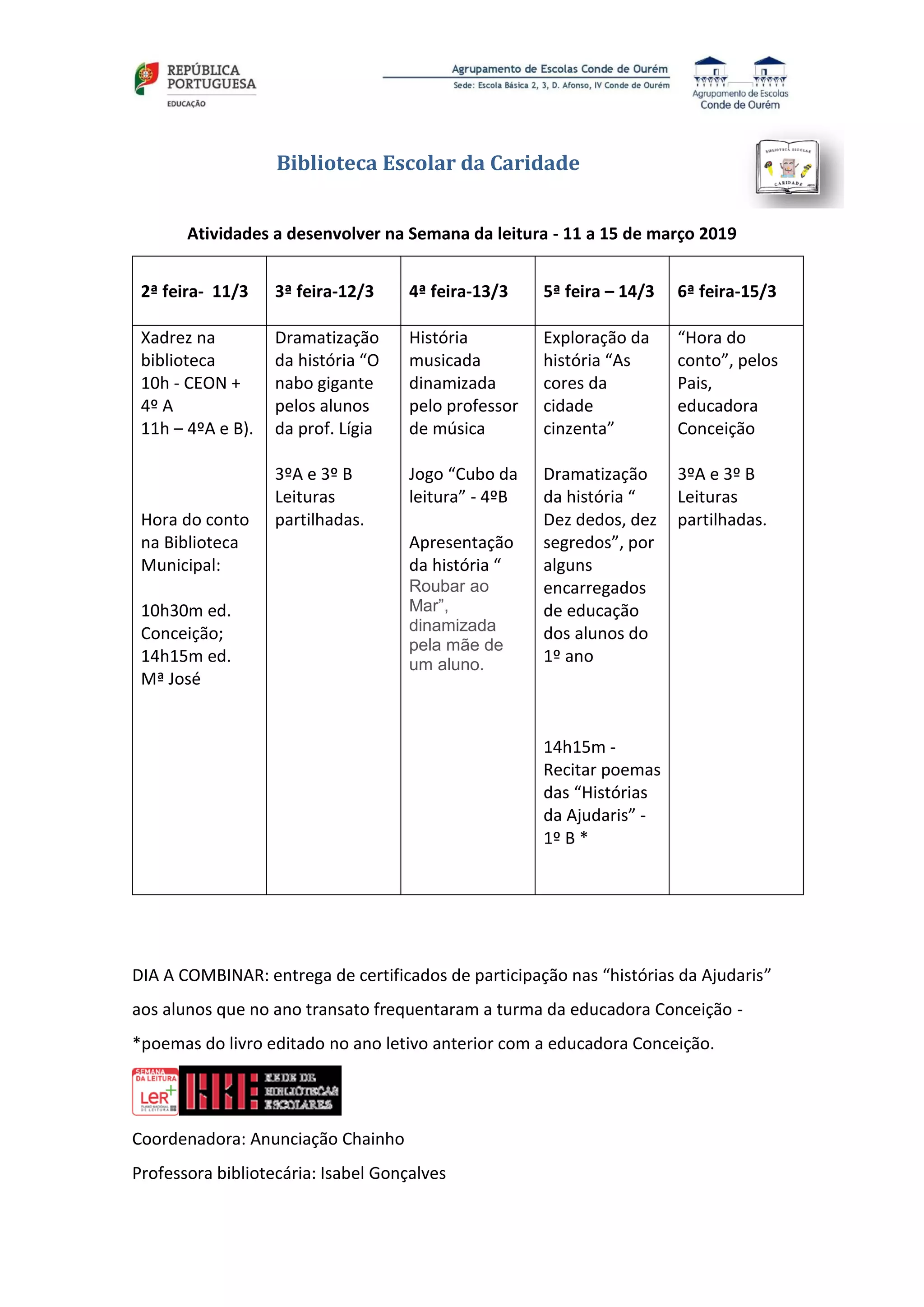 Biblioteca Escolar da Caridade
Atividades a desenvolver na Semana da leitura - 11 a 15 de março 2019
2ª feira- 11/3 3ª feira-12/3 4ª feira-13/3 5ª feira – 14/3 6ª feira-15/3
Xadrez na
biblioteca
10h - CEON +
4º A
11h – 4ºA e B).
Hora do conto
na Biblioteca
Municipal:
10h30m ed.
Conceição;
14h15m ed.
Mª José
Dramatização
da história “O
nabo gigante
pelos alunos
da prof. Lígia
3ºA e 3º B
Leituras
partilhadas.
História
musicada
dinamizada
pelo professor
de música
Jogo “Cubo da
leitura” - 4ºB
Apresentação
da história “
Roubar ao
Mar”,
dinamizada
pela mãe de
um aluno.
Exploração da
história “As
cores da
cidade
cinzenta”
Dramatização
da história “
Dez dedos, dez
segredos”, por
alguns
encarregados
de educação
dos alunos do
1º ano
14h15m -
Recitar poemas
das “Histórias
da Ajudaris” -
1º B *
“Hora do
conto”, pelos
Pais,
educadora
Conceição
3ºA e 3º B
Leituras
partilhadas.
DIA A COMBINAR: entrega de certificados de participação nas “histórias da Ajudaris”
aos alunos que no ano transato frequentaram a turma da educadora Conceição -
*poemas do livro editado no ano letivo anterior com a educadora Conceição.
Coordenadora: Anunciação Chainho
Professora bibliotecária: Isabel Gonçalves