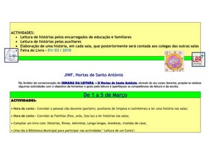 ACTIVIDADES:
  • Leitura de histórias pelos encarregados de educação e familiares
  • Leitura de histórias pelas auxiliares
  • Elaboração de uma história, em cada sala, que posteriormente será contada aos colegas das outras salas
  • Feira do Livro – 01/ 03 / 2010




                                       JINF. Hortas de Santo António
     No âmbito da comemoração da SEMANA DA LEITURA, o JI Hortas de Santo António, através do seu corpo docente, propõe-se realizar
     algumas actividades com o objectivo de fomentar o gosto pela leitura e aperfeiçoar as competências da leitura e da escrita.

                                                     De 1 a 5 de Março
ACTIVIDADES:

• Hora do conto – Convidar o pessoal não docente (porteiro; auxiliares de limpeza e cozinheiras) a ler uma história nas salas;

• Hora do conto – Convidar as Famílias (Pais, avós, tios/as) a ler histórias nas salas;

• Compilar um livro com: Histórias, Rimas, Adivinhas, Lenga-lengas, Anedotas, trazidas de casa;

• Uma ida à Biblioteca Municipal para participar nas actividades " Leitura de um Conto";
 